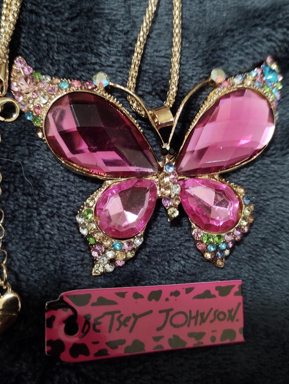 -Betsey Johnson Pink & Rainbow Crystal Butterfly Necklace